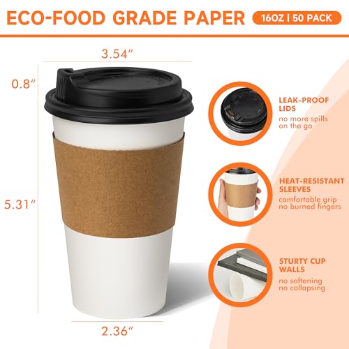 50 Pack 16 oz Disposable Coffee Cups with Lids and Sleeves (50 Count)