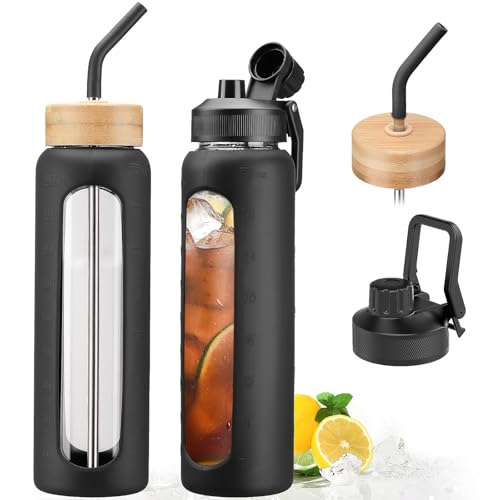 32oz Glass Water Bottle with Straw and 2 Lids