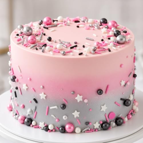 Silver & Black & Pink & White Sprinkles Mix Size Pearls Mouse Rock Themed Cake Decorations Cupcake Toppers Perfect for Wedding Valentine Supplies 4.58OZ (4.58 Ounce)