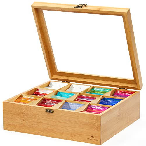 Natural Bamboo Tea Storage Organizer with Clear Acrylic Top Window