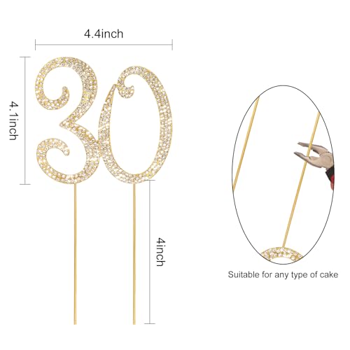 30th Birthday Decorations for Women Rhinestone Gold Cake Topper