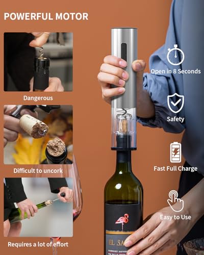 Electric Wine Opener Rechargeable Stainless Steel Automatic Corkscrew Wine Bottle Opener with Foil Cutter