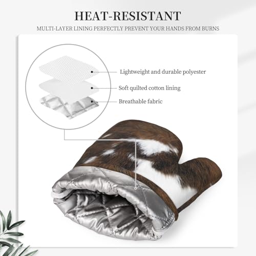 Cow Print Oven Mitts and Pot Holders Set of 4 Silicone Brown Cowhide Kitchen Mitten Gloves and Non