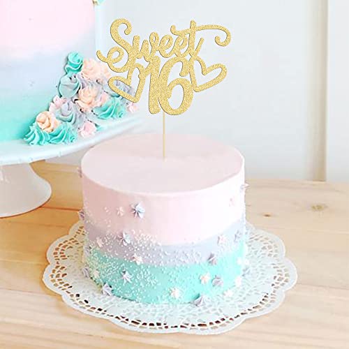 1Pc Sweet Teenager 16 Cake Topper Glitter 16th Birthday Cake Pick for Cheers to 16 Years Old 16th Birthday Party Cake Decorations Supplies Gold