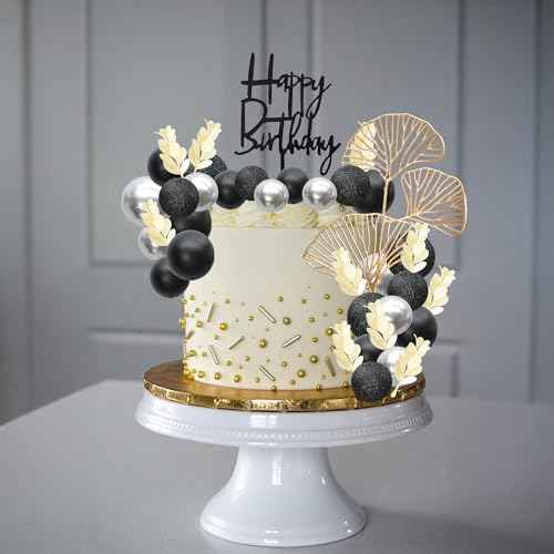 57Pcs Balls Cake Topper Boho Grass Cake topper Pearl Balls Acrylic Happy Birthday Cake Decorations for Wedding Baby Shower Birthday Boho Themed Party Supplies Black Silver (57 Count)