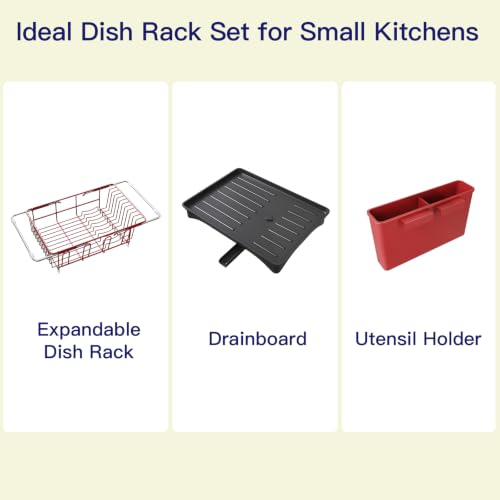 Red Expandable Dish Drying Rack Over Sink with Extra Drainboard