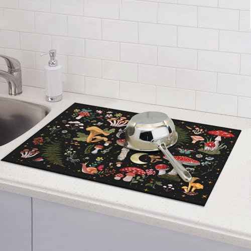 Mushroom Dish Drying Mat for Kitchen Counter 18"x24" Moth Gothic Witchy Dishes Pad Dish Drainer Rack Mats Microfiber Washable Absorbent Kitchen Decor