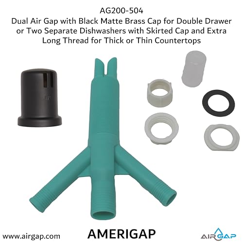Dual Air Gap with Black Matte Brass Cap for Double Drawer or Two Separate Dishwashers with Skirted Cap and Extra Long Thread for Thick or Thin Countertops