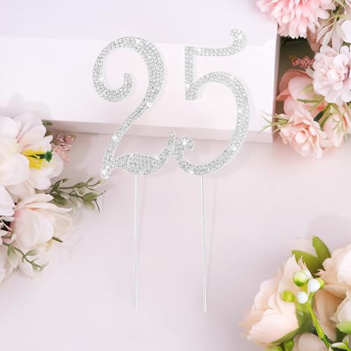 Silver 25th Birthday Cake Topper Rhinestones Cake Decorations for 25th Birthday Party