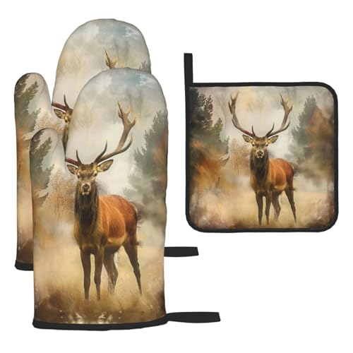 Deer Art Oven Mitts and Pot Holders Sets of 3 Heat Resistant Oven Gloves Hot Pads Non (4.33 Count)