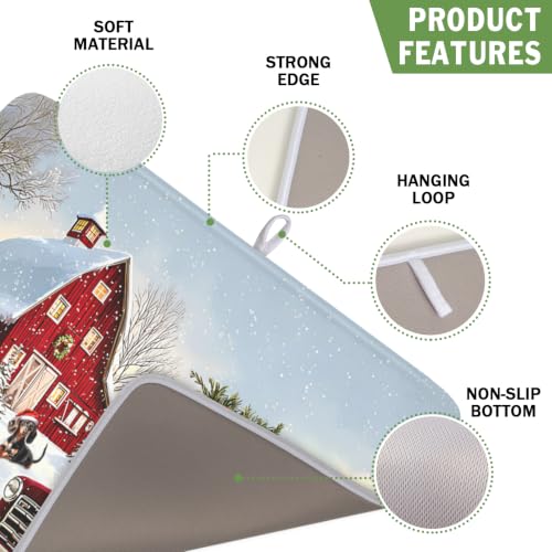 Red Truck Dish Drying Mat Winter Xmas Tree Drainer Rack Pad 16"x18" Microfiber Absorbent Quick Dry Dish Sink Mat for Table Kitchen Counter