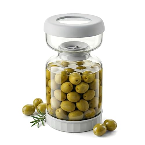 Pickle and Olive Hourglass Jar with Strainer Flip Juice Separator