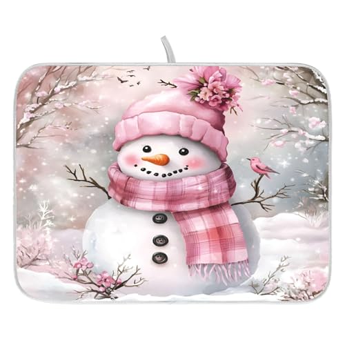 Winter Pink Snowman Dish Drying Mat for Kitchen Counter Absorbent Microfiber Christmas Large Drying Pad Dish mats for Kitchen Countertops 18 x 24 Inch