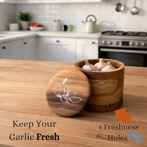 The Garlic Shack Acacia Wood Garlic Keeper For Counter With Lid 4 Inch