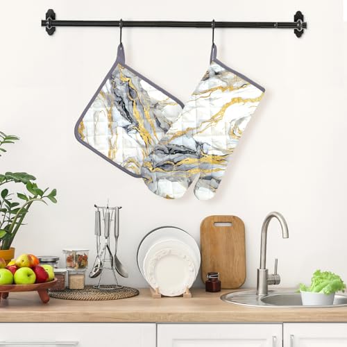 White Gold Marble Oven Mitts and Pot Holders Sets 2Pcs (2 Count)
