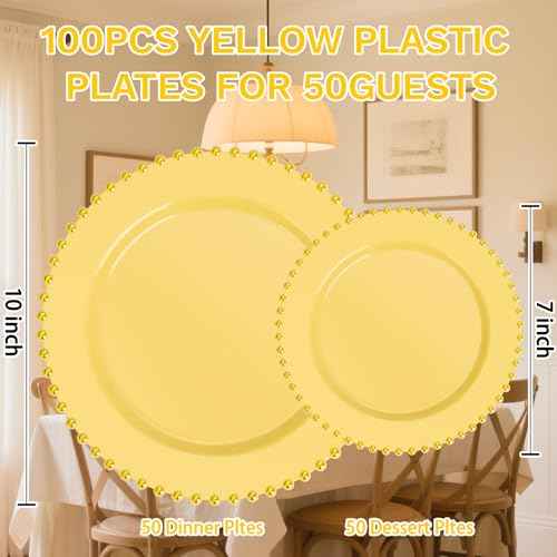 100pcs Elegant Yellow Plastic Plates with Gold Beaded for Wedding (100 Count)