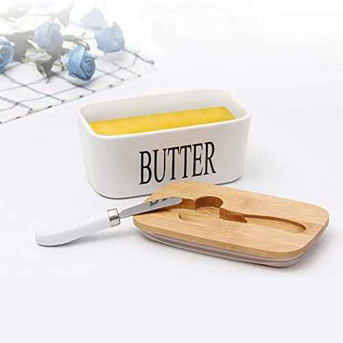 Ceramic Butter Dish with Bamboo Lid and Stainless Steel Knife Spreader