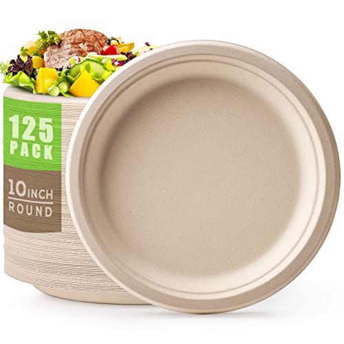 100% Compostable Plates 10 Inch 125 Pack Paper Plates Heavy (125 Count)