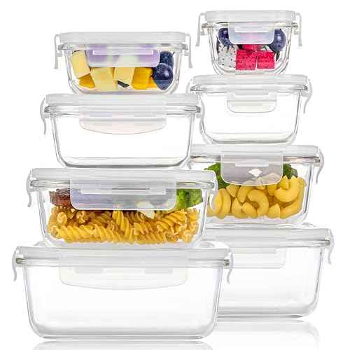 8 Pack Glass Food Storage Containers with Airtight Lids (8 Count)