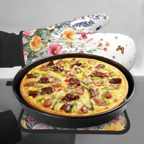 Spring Flower Oven Mitts and Pot Holder Kitchen Accessories Sets Botanical Floral Heat Resistant BBQ Cooking Oven Gloves Washable Hot Pads