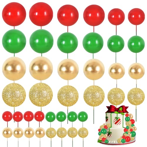 40 Pcs Ball Cake Toppers Mini Balls Cake Decorations Red Green Gold Silver Sticks Foam Balls DIY Cake Topper Insert Balls Cake Decorations for Baking Christmas Party Decorations (40 Count)