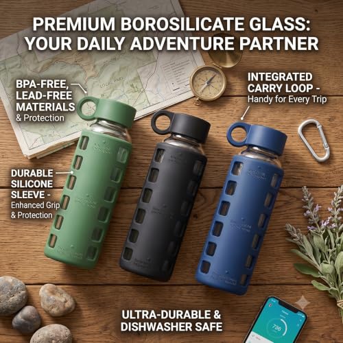 40oz / 32oz / 22oz / 12oz Borosilicate Glass Water Bottle with Time & Volume Markers, Silicone Sleeve, Stainless Steel Lid | Reusable Glass Bottle for Water & Juice (12oz Glow-in-the-Dark)