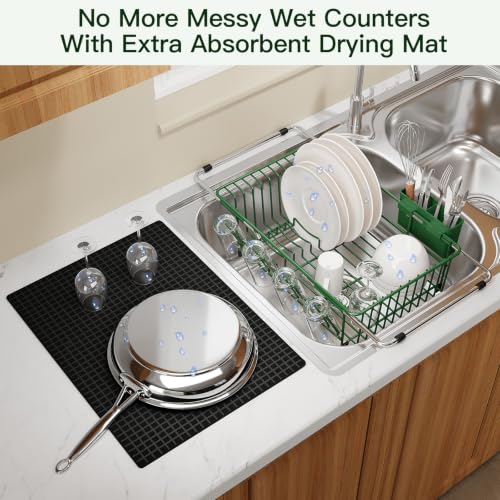 Green Expandable Dish Drying Rack Over Sink with Extra Drying Mat