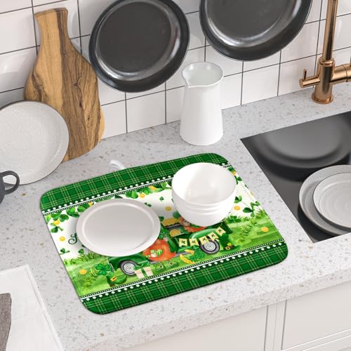 Shamrock Truck Dish Drying Mat Buffalo Check Dish Drainer Mat 16x18 inch Reversible Microfiber Quick Dry Rack Pad for Kitchen Counter Sink
