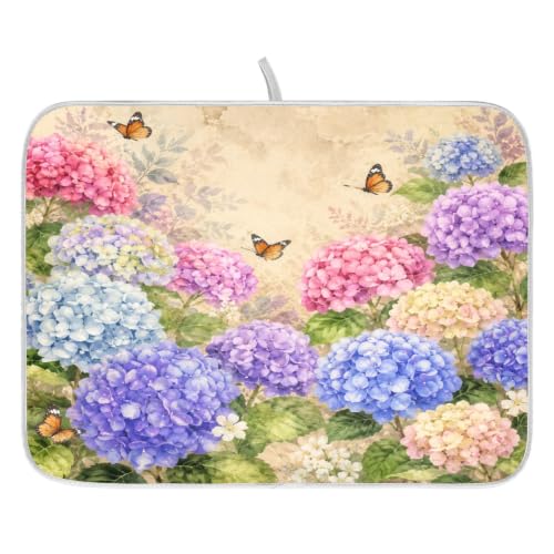 Vintage Flowers Spring Summer Dish Drying Mat for Kitchen Counter Absorbent Microfiber Hydrangea Butterfly Large Drying Pad Dish mats for Kitchen Countertops 18 x 24 Inch