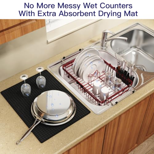 Red Expandable Dish Drying Rack Over Sink with Extra Drying Mat