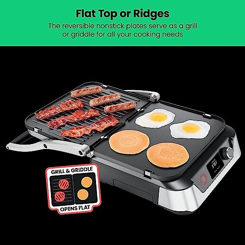 5-in-1 Digital Panini Press Grill Sandwich Maker and Griddle Grill Combo with Removable, Reversible Dishwasher-Safe Grilling Plates, Opens 180° for Indoor BBQ /Flat Top Grill, Stainless steel