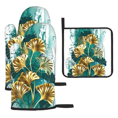 Teal Gold Green Leaves Oven Mitts and Pot Holders Set of 3 (3 Count)