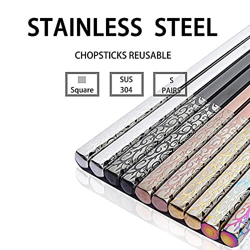 Metal Chopsticks Reusable Titanium Plated Stainless Steel Japanese Korean for Food & Cooking 9.5Inch Non (5 Count)