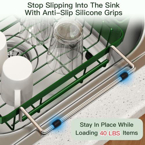 Green Expandable Dish Drying Rack Over The Sink with Anti Slip Grip