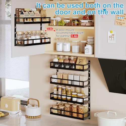 6-Tier Wall-Mounted Spice Rack Organizer with Mixed Basket Sizes, Height-Adjustable Hanging Spice Shelf for Kitchen Pantry Cabinet, Large-Capacity Seasoning Holder, Black