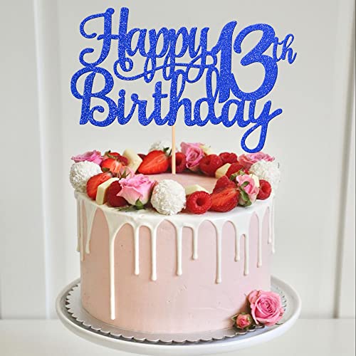 1 PCS Happy 13th Birthday Cake Topper Glitter Cheers to 13 Years Birthday Cake Pick Official Teenager 13 Fabulous Cake Decoration for Happy 13th Birthday Theme Party Decorations Supplies Blue