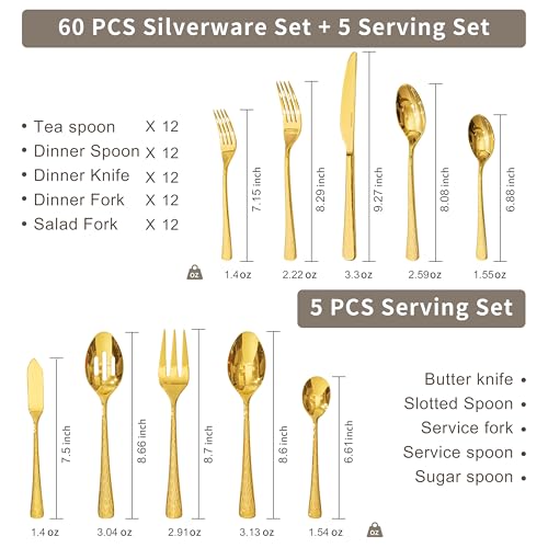 65 Piece Gold Silverware Set with Serving Utensils (65 Count)