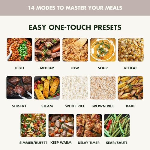 Elite 14-in-1 Programmable 6QT Electric Slow Cooker, Dishwasher Safe Lid & Removable Crock, PFAS-Free Healthy Ceramic Nonstick Multi-Cooker, Sear, Sauté, Brown, Steam Basket, Roast, Clay