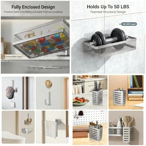 5-in-1 Wide Wall Mount Wrapped Mesh Kitchen Organizer & Shower Caddy Kit, with Paper Towel Holder, Utensil Holder, Soap Dish, Heavy Duty 50LBS - Silver Gray, Netting