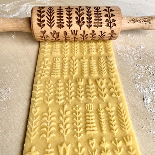 GARDEN BLOSSOMS 3 Small Size Embossed Rolling Pin Set. Wooden Laser Engraved Embossing Dough Roller for Embossed Cookies Gift for Birthday