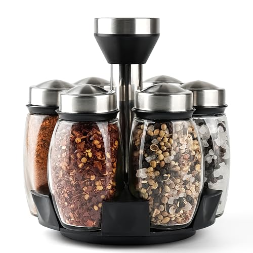 6 Pack Spinning Glass Spice Jars with Organizer Rack for Countertop (4.2329 Ounce)