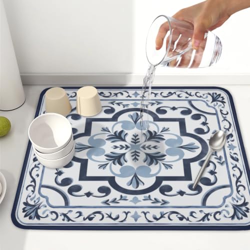 Navy Flower Dish Drying Mat Modern Boho Microfiber Dishes Drainer Pad 16x18 Inch Absorbent Fast Dry Dish Rack Mat for Kitchen Counter Sink