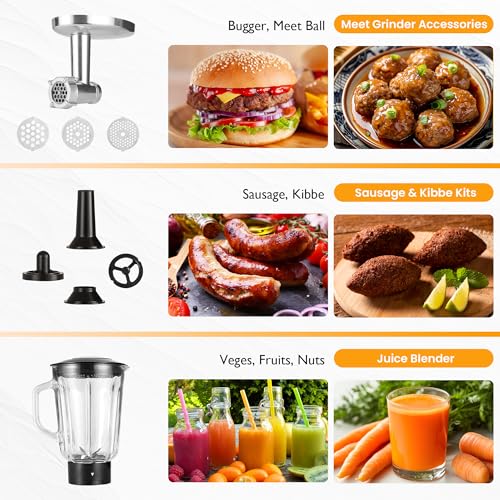 6-in-1 Multifunctional Stand Mixer, 6.5QT Tilt-Head Dough Mixer, Electric Stand Mixer with Stainless Steel Bowl for Cake, Bread, and Dough, with Meat Grinder, Juice Blender & Pasta Maker