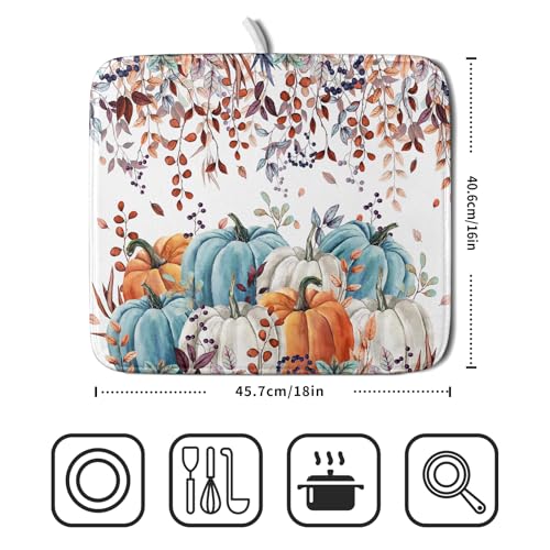 Fall Orange Pumpkin Dish Drying Mat Eucalyptus Leaves Drainer Rack Pad 16"x18" Microfiber Quick Dry Dish Sink Mat for Kitchen Counter Decor