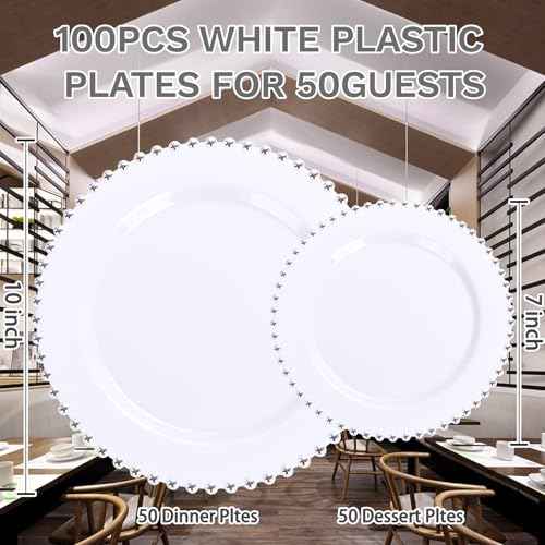 100pcs White Plastic Plates with Silver Beads for Bridal Showers (100 Count)