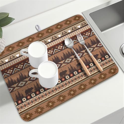 Rustic Bear Deer Dish Drying Mat Boho Ethnic Drainer Rack Pad 18x24 Inch Microfiber Absorbent Dish Sink Mat for Counter Kitchen Tableware