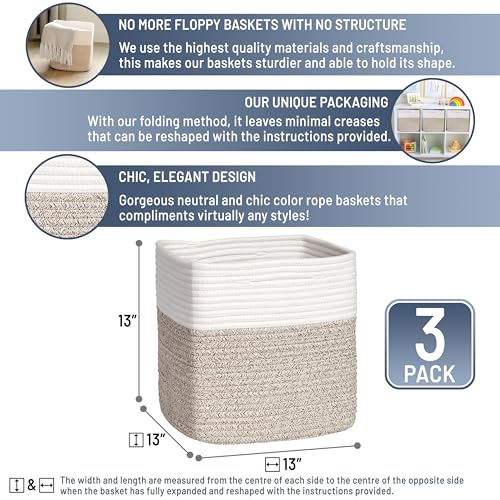 13 Inch Cube Storage Bins Cotton Rope Woven Baskets for Organizing 3 (3 Count)