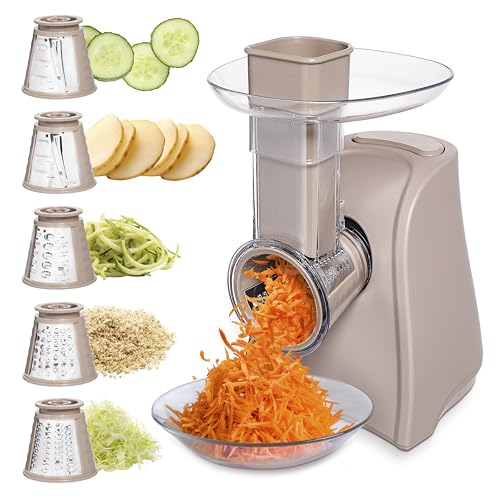 5-in-1 Electric Slicer, 150W Food Prep Machine – Parmesan Shredder, Fine & Coarse Graters, Potato Grater, Vegetable Slicer, Compact Design for Bowl Prep, Warm Grey