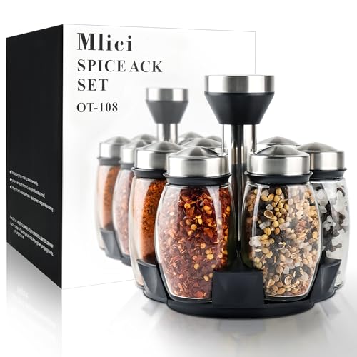 6 Pack Spinning Glass Spice Jars with Organizer Rack for Countertop (4.2329 Ounce)