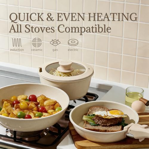 Ceramic Cookware Set Non Stick 8Pcs Pots and Pans Set Detachable Handle Induction Kitchen Cooking Set with Frying Pans Oven Dishwasher Safe